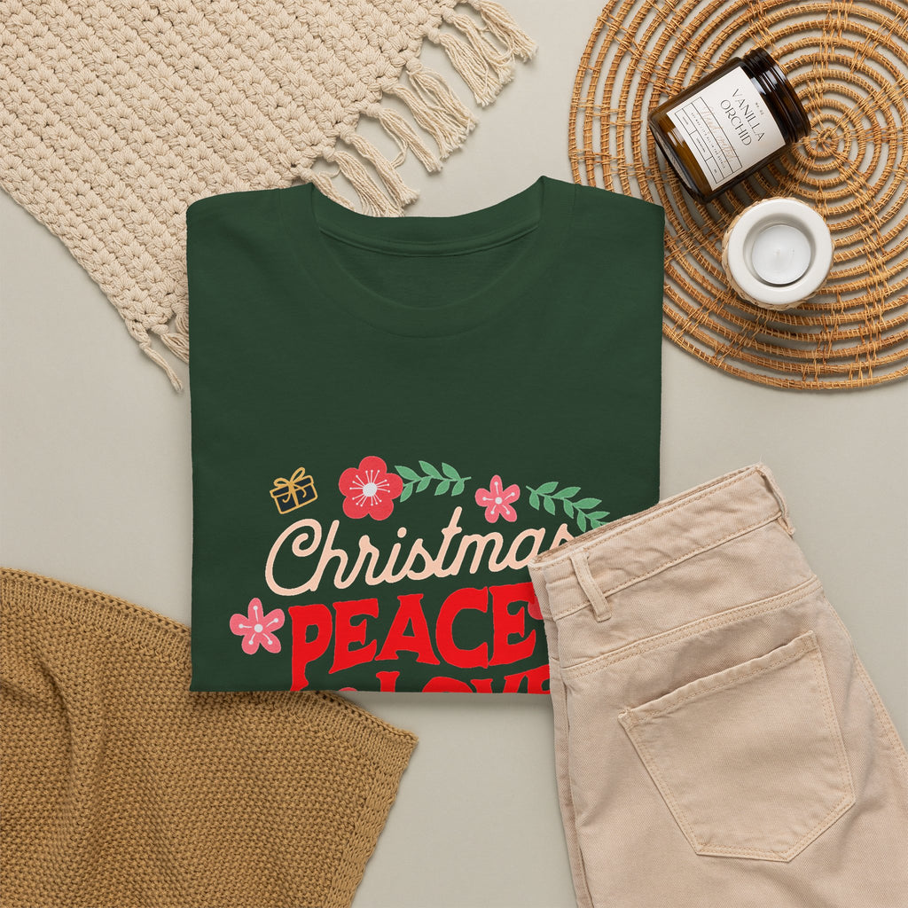 Christmas Peace & Love Holiday T-Shirt — Festive Floral Christmas Graphic Tee