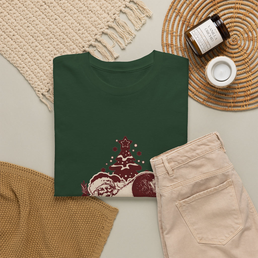 Vintage Megaphone Santa T-Shirt — Retro Christmas Tree Graphic Tee