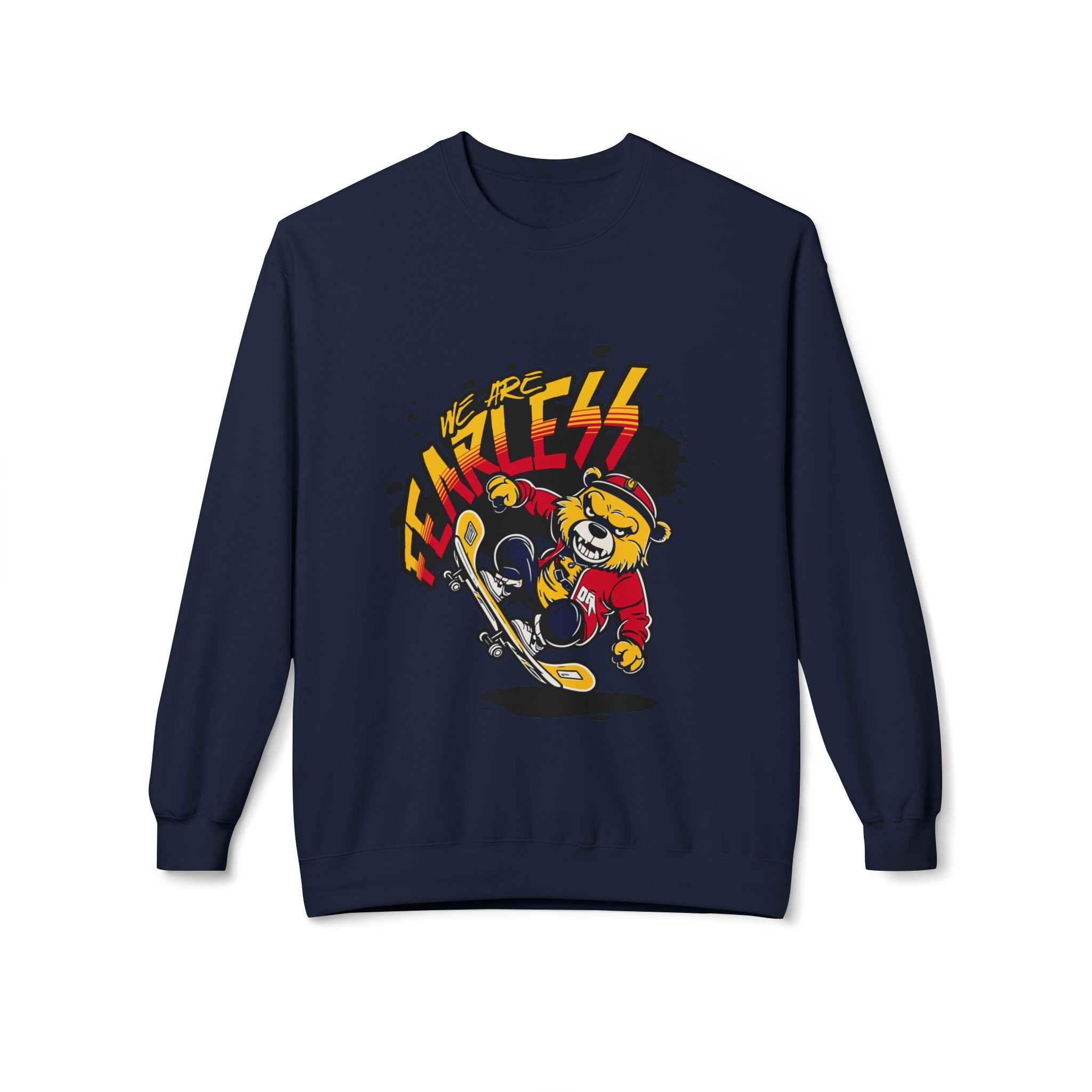 Fearless Skateboard Bear Crewneck Sweatshirt, Cozy Streetwear, Gifts for Skaters, Unisex Fall Fashion, Edgy Graphic Sweatshirt