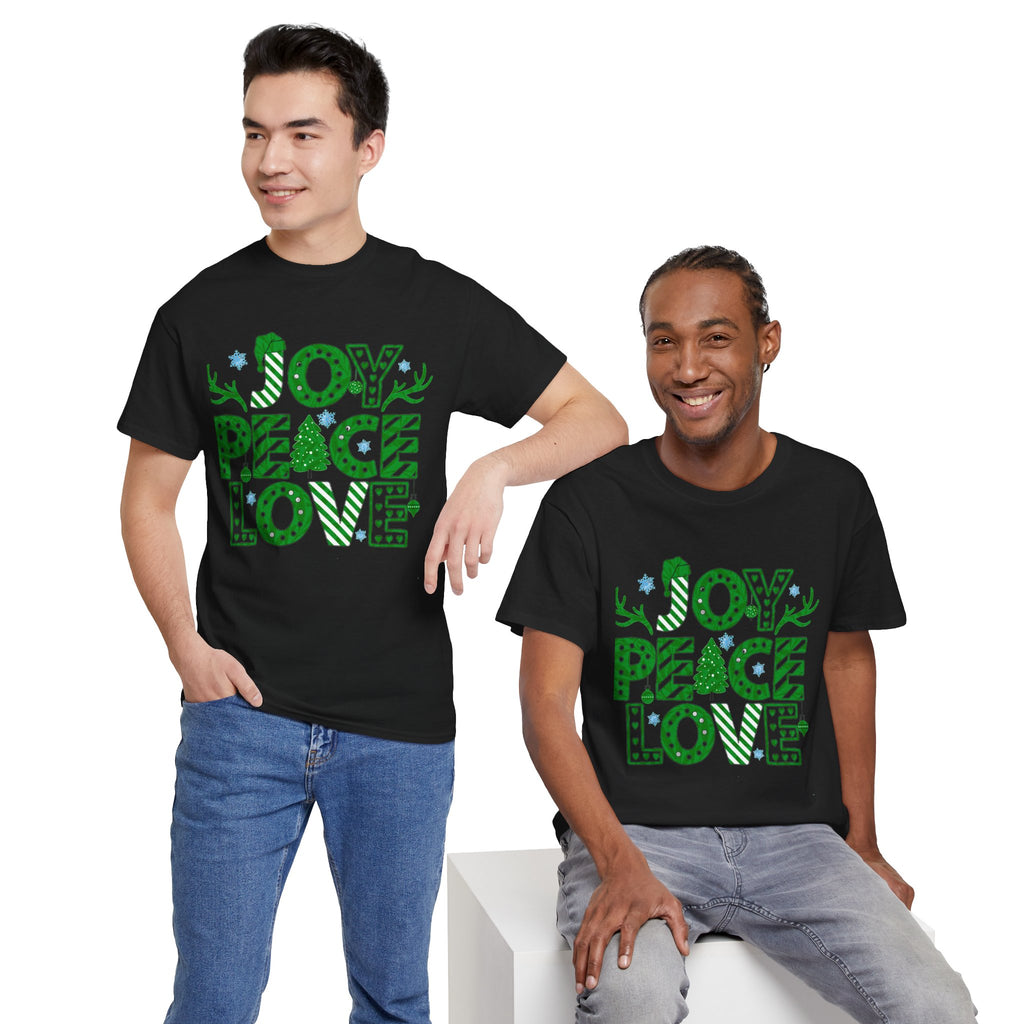 Joy Peace Love Christmas Shirt, Green Holiday Graphic Tee, Festive Christmas Typography T-Shirt, Positive Holiday Gift