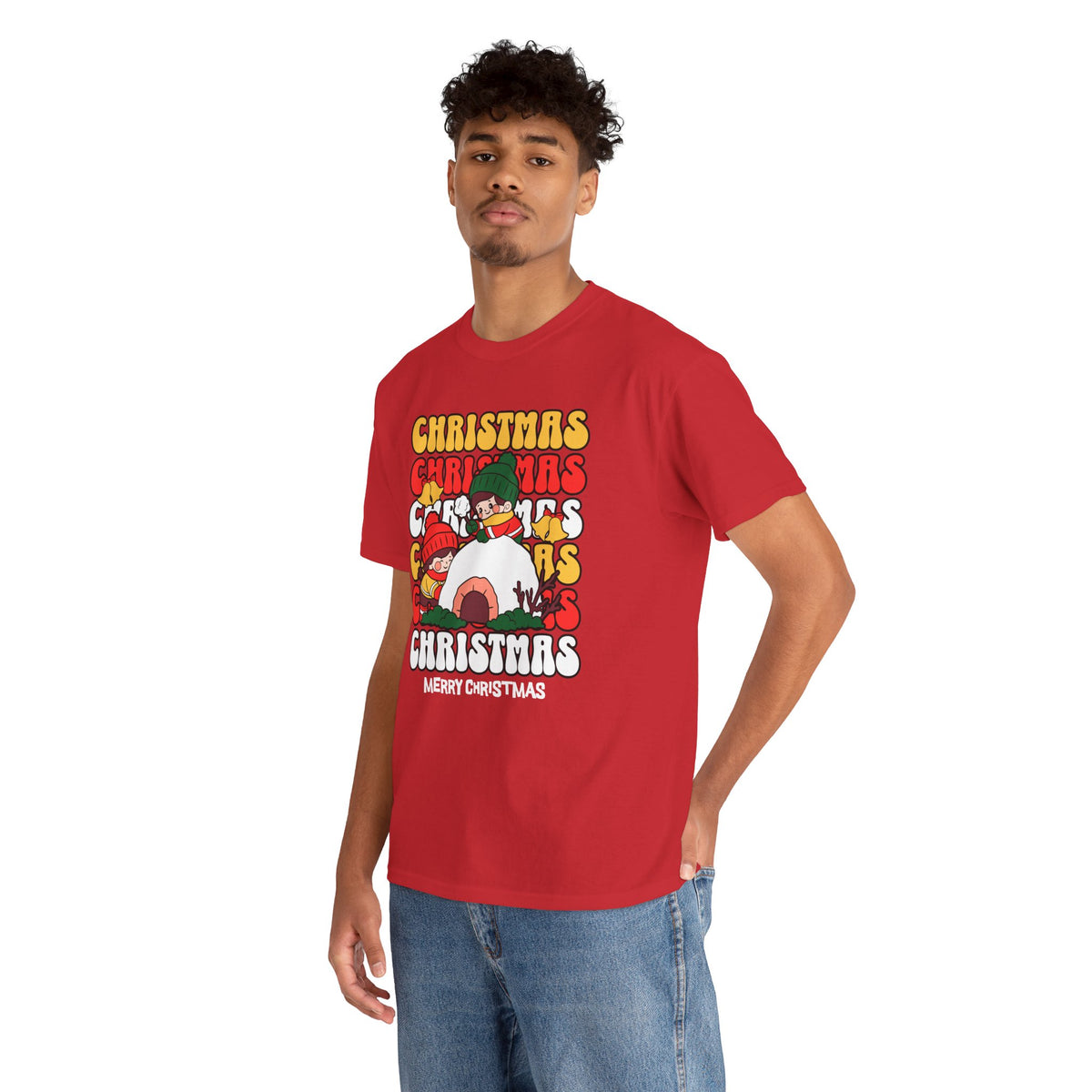 Cute Christmas Shirt, Retro Merry Christmas Graphic Tee, Kids Playing in Snow T-Shirt, Cozy Holiday Gift