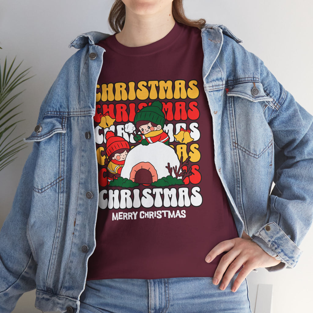 Cute Christmas Shirt, Retro Merry Christmas Graphic Tee, Kids Playing in Snow T-Shirt, Cozy Holiday Gift