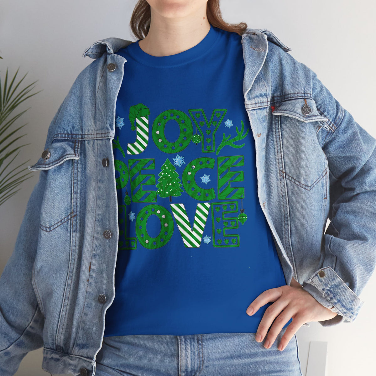 Joy Peace Love Christmas Shirt, Green Holiday Graphic Tee, Festive Christmas Typography T-Shirt, Positive Holiday Gift