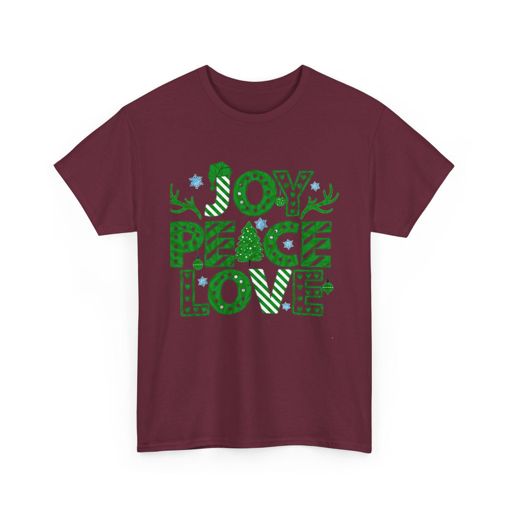 Joy Peace Love Christmas Shirt, Green Holiday Graphic Tee, Festive Christmas Typography T-Shirt, Positive Holiday Gift