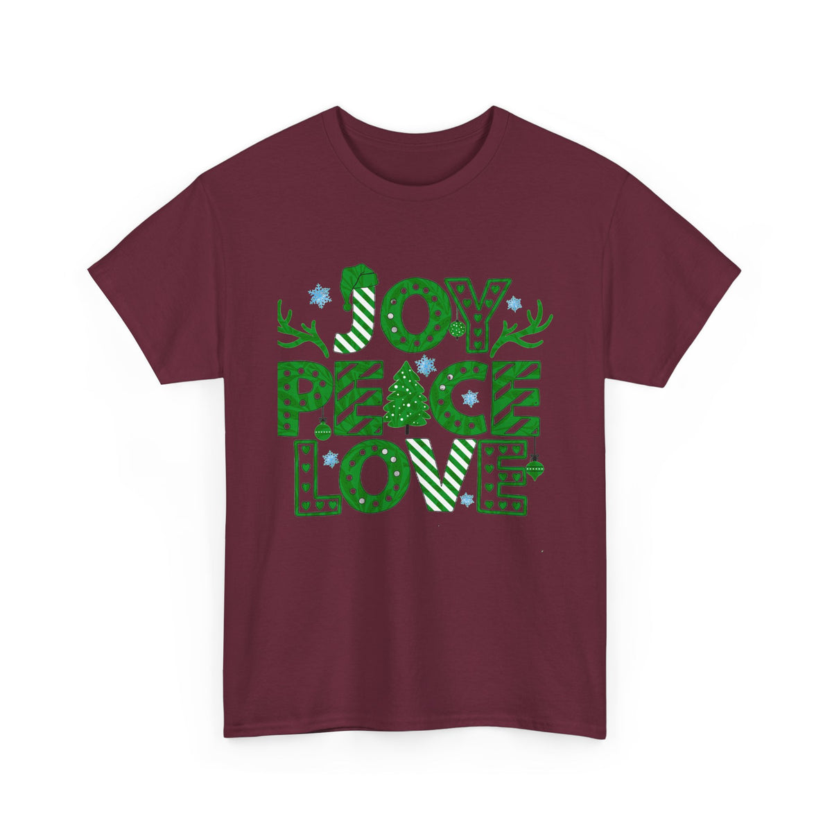 Joy Peace Love Christmas Shirt, Green Holiday Graphic Tee, Festive Christmas Typography T-Shirt, Positive Holiday Gift