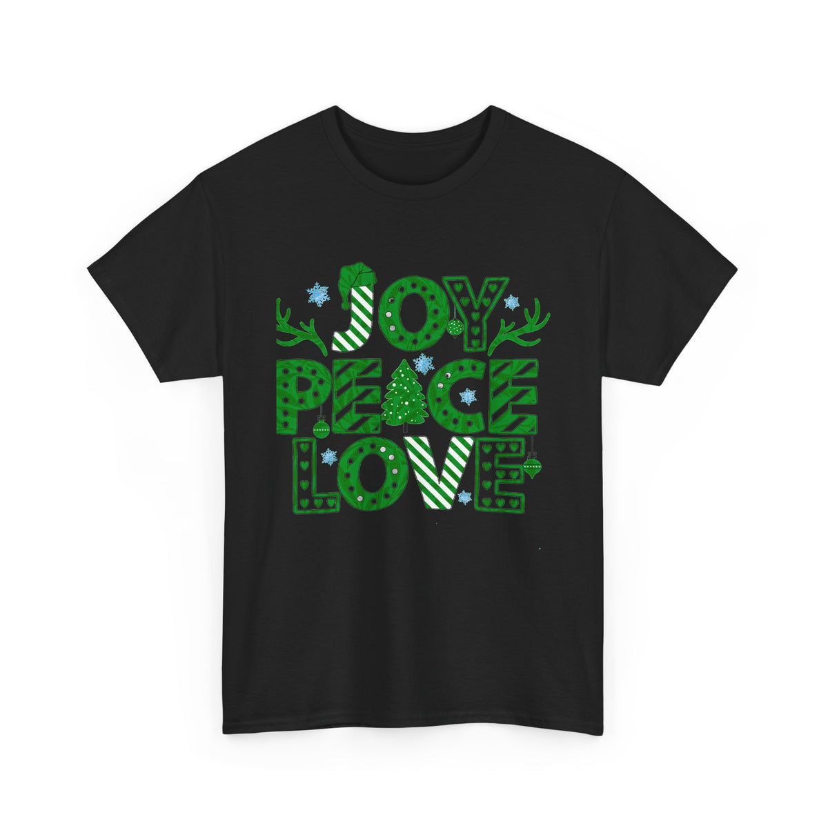 Joy Peace Love Christmas Shirt, Green Holiday Graphic Tee, Festive Christmas Typography T-Shirt, Positive Holiday Gift