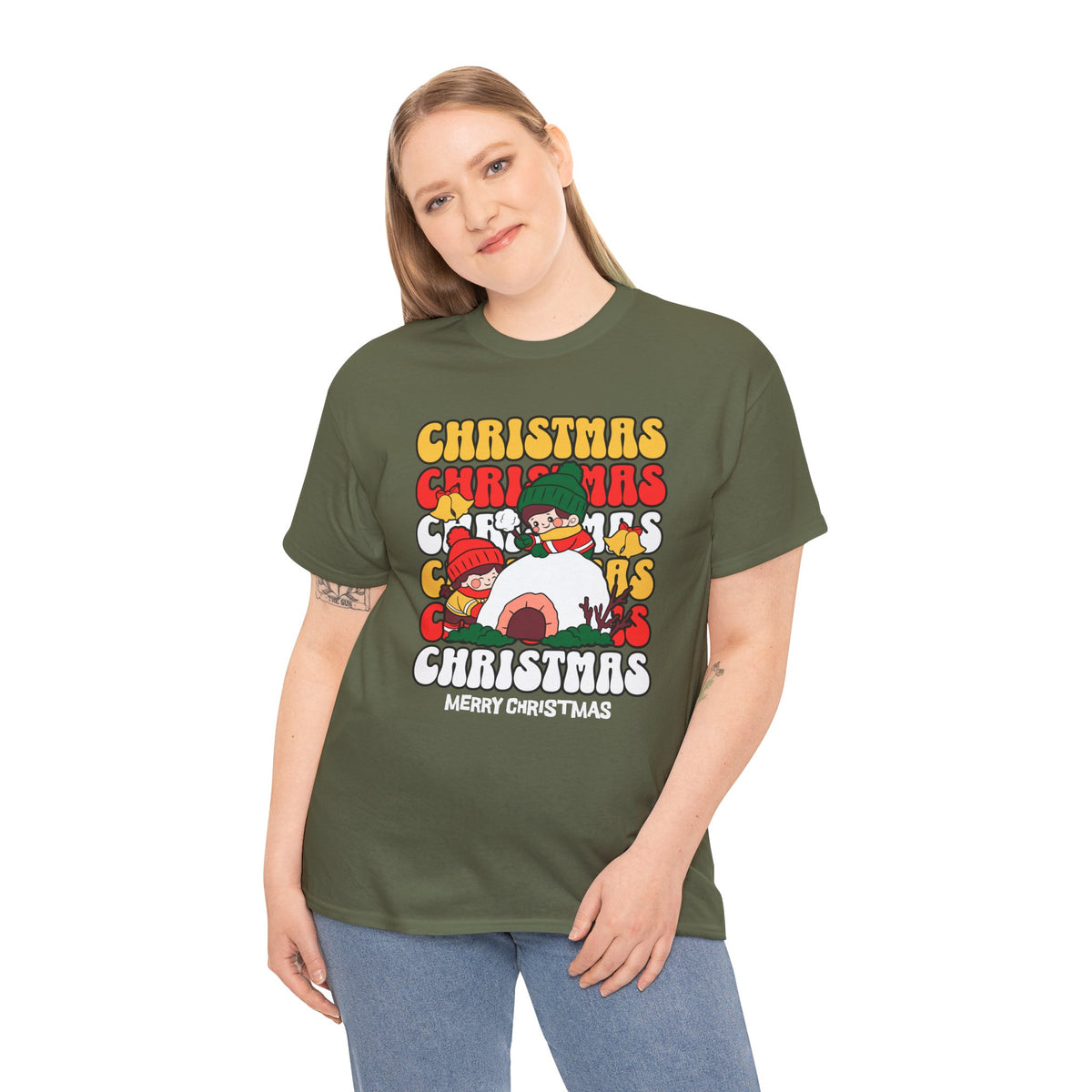 Cute Christmas Shirt, Retro Merry Christmas Graphic Tee, Kids Playing in Snow T-Shirt, Cozy Holiday Gift