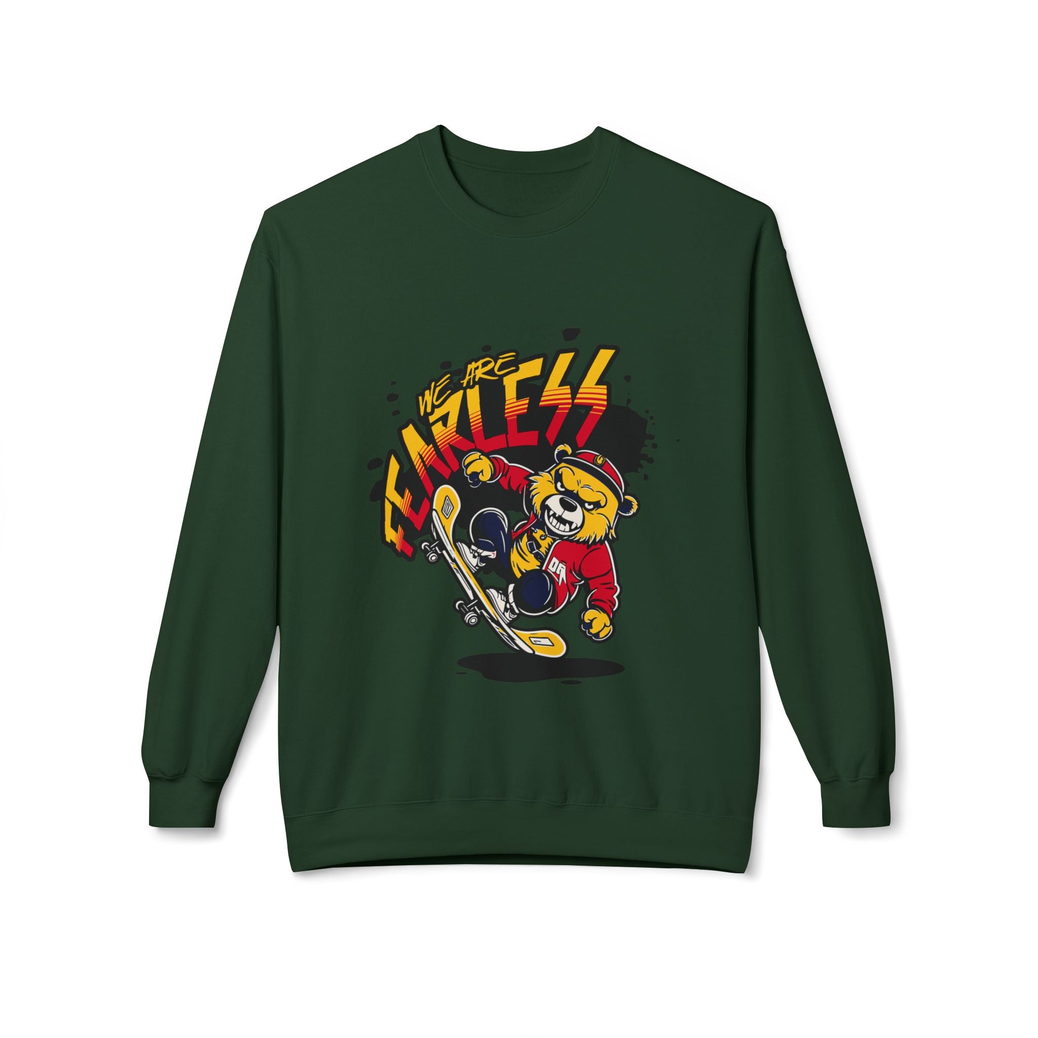 Fearless Skateboard Bear Crewneck Sweatshirt, Cozy Streetwear, Gifts for Skaters, Unisex Fall Fashion, Edgy Graphic Sweatshirt