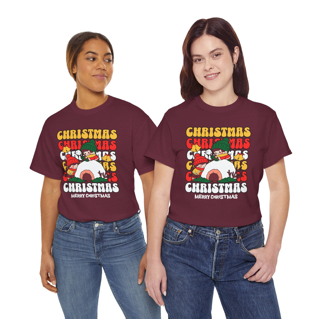 Cute Christmas Shirt, Retro Merry Christmas Graphic Tee, Kids Playing in Snow T-Shirt, Cozy Holiday Gift