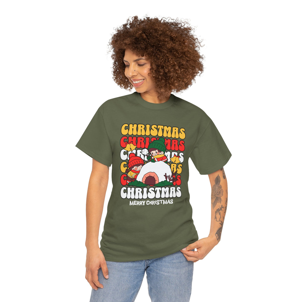 Cute Christmas Shirt, Retro Merry Christmas Graphic Tee, Kids Playing in Snow T-Shirt, Cozy Holiday Gift