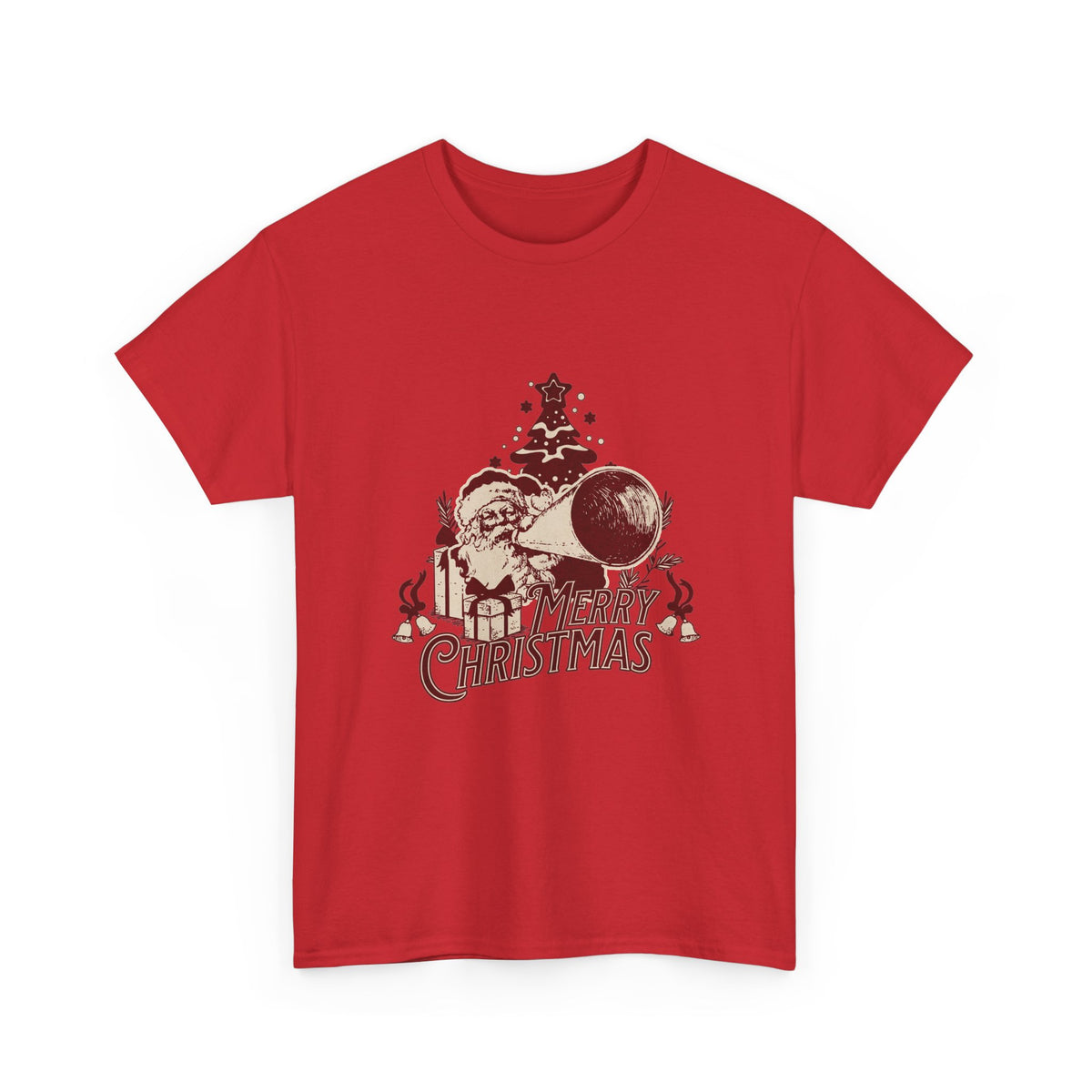 Vintage Megaphone Santa T-Shirt — Retro Christmas Tree Graphic Tee
