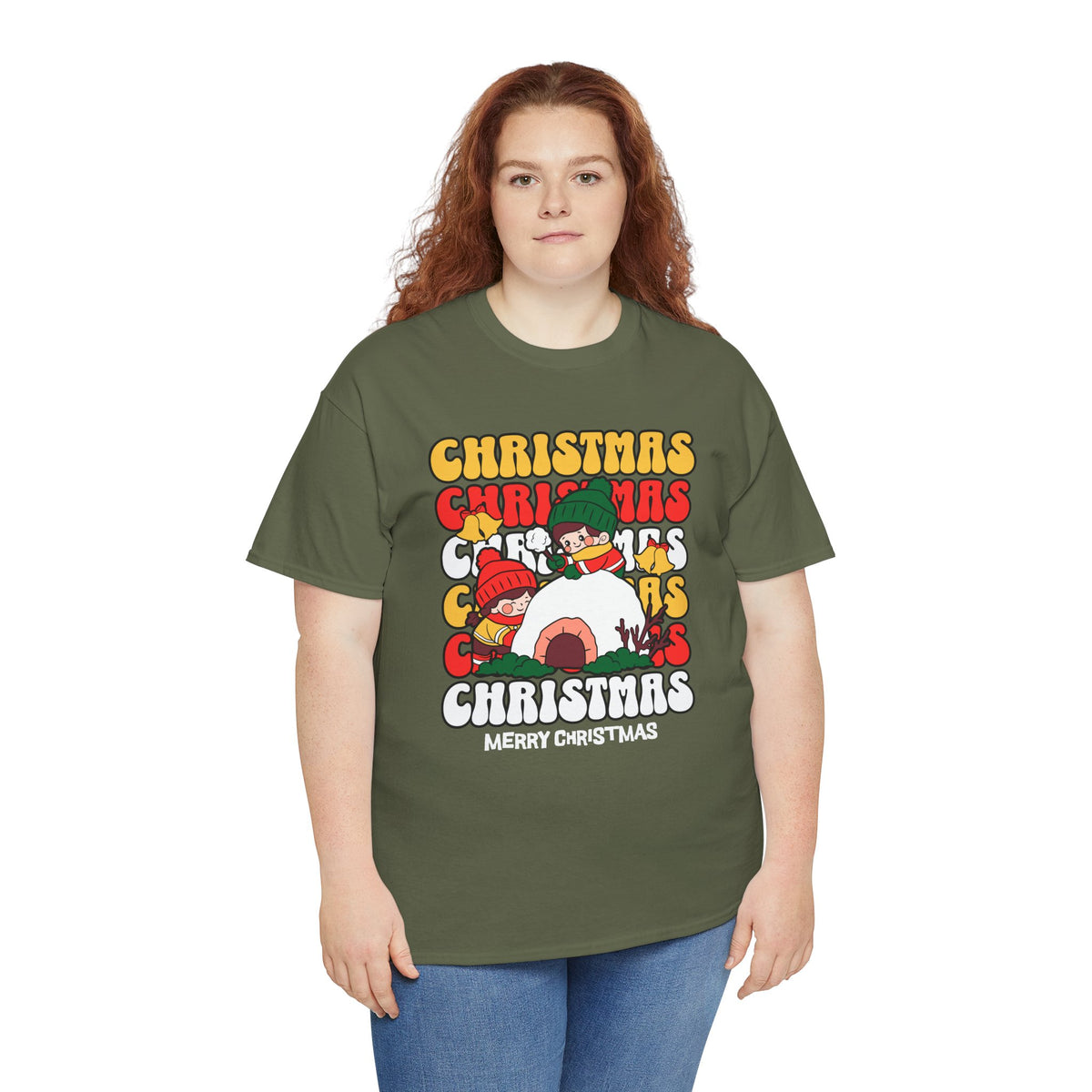 Cute Christmas Shirt, Retro Merry Christmas Graphic Tee, Kids Playing in Snow T-Shirt, Cozy Holiday Gift