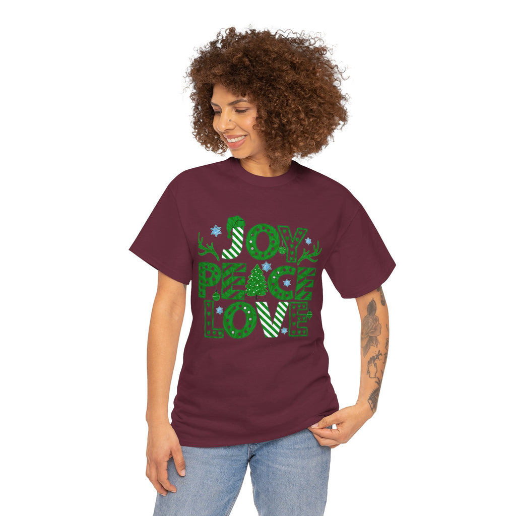 Joy Peace Love Christmas Shirt, Green Holiday Graphic Tee, Festive Christmas Typography T-Shirt, Positive Holiday Gift
