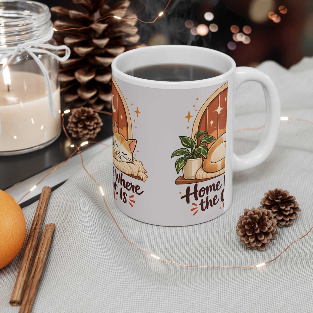 Cat Lover Mug, Home Is Where the Cat Is Coffee Cup, Cute Sleeping Cat Gift for Cat Mom