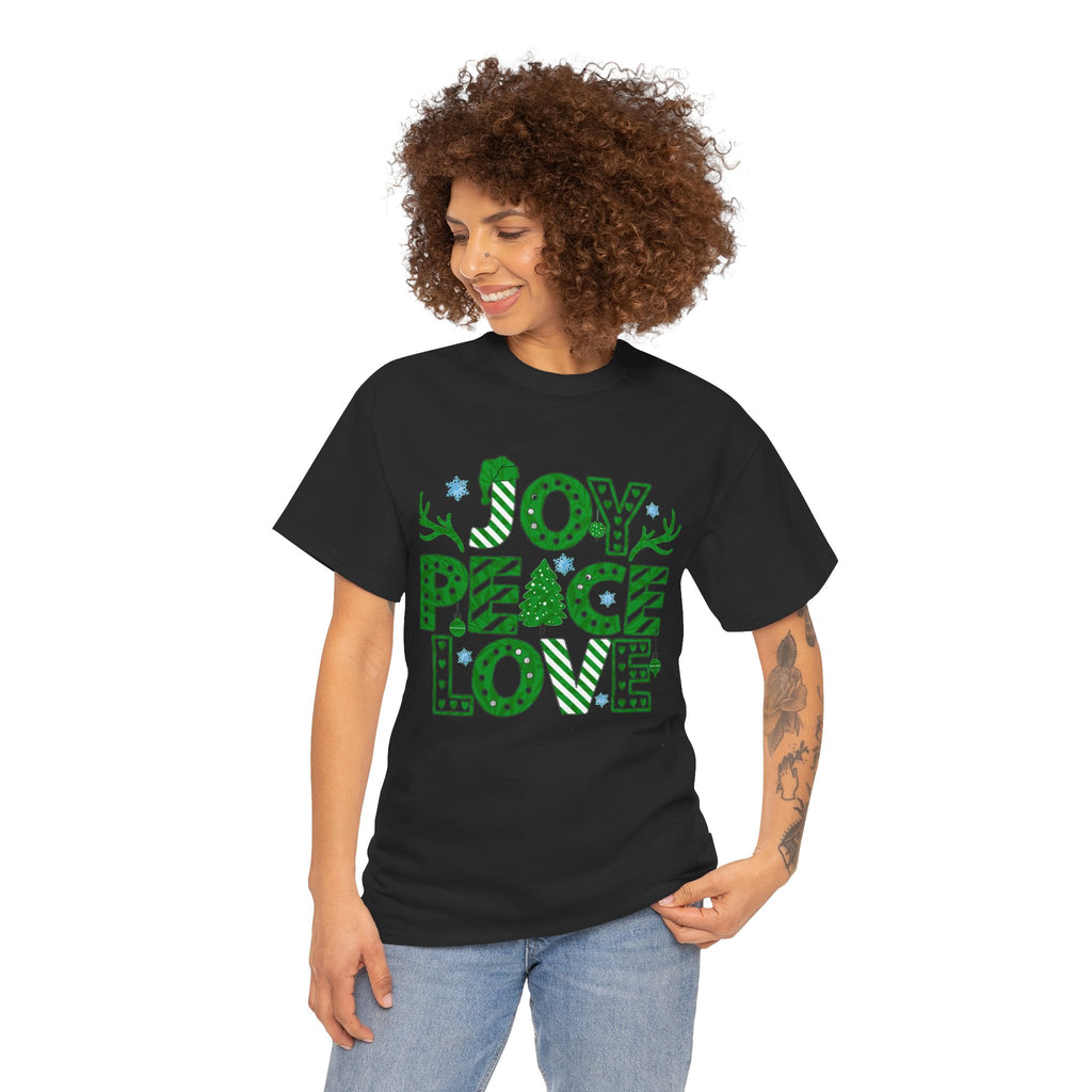 Joy Peace Love Christmas Shirt, Green Holiday Graphic Tee, Festive Christmas Typography T-Shirt, Positive Holiday Gift