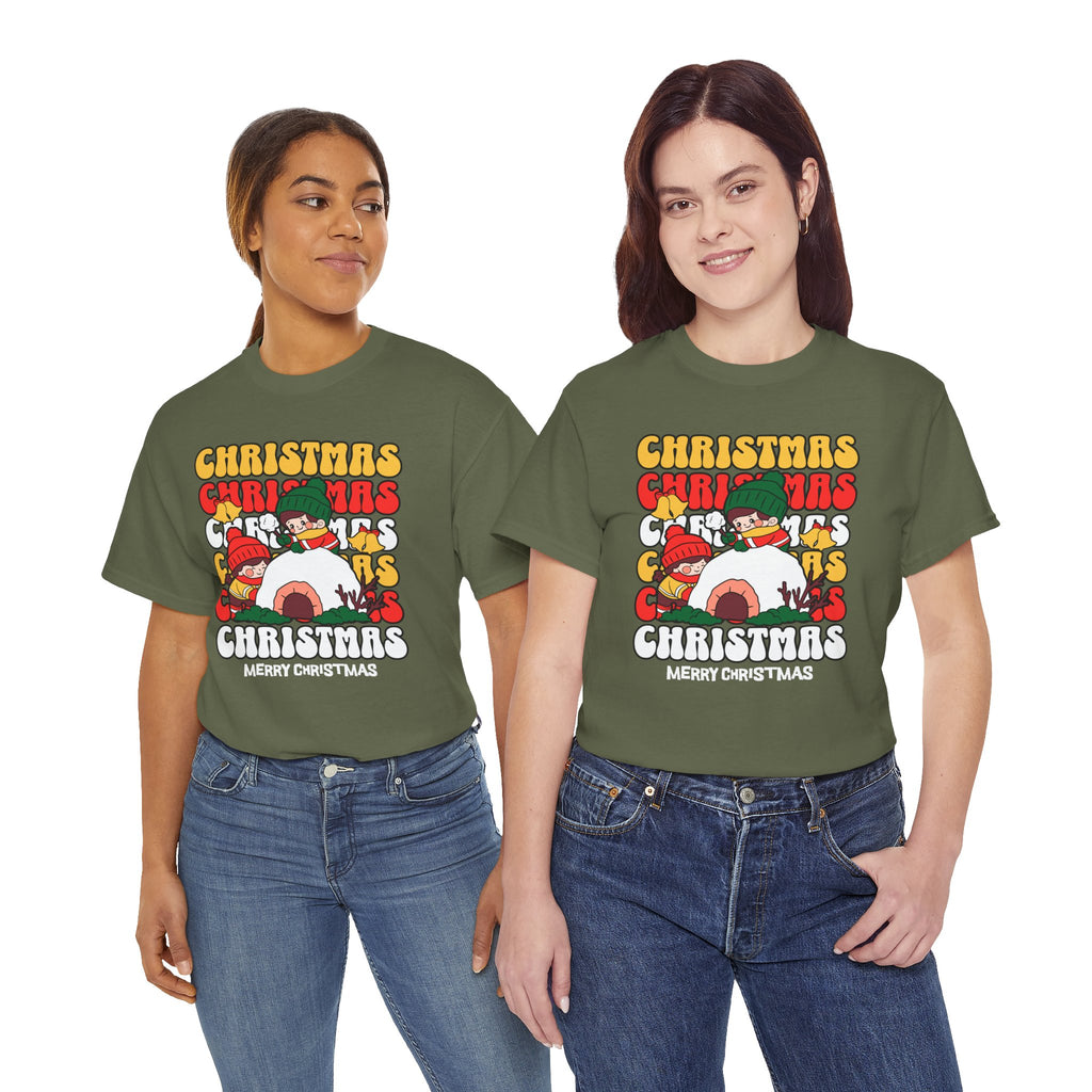 Cute Christmas Shirt, Retro Merry Christmas Graphic Tee, Kids Playing in Snow T-Shirt, Cozy Holiday Gift