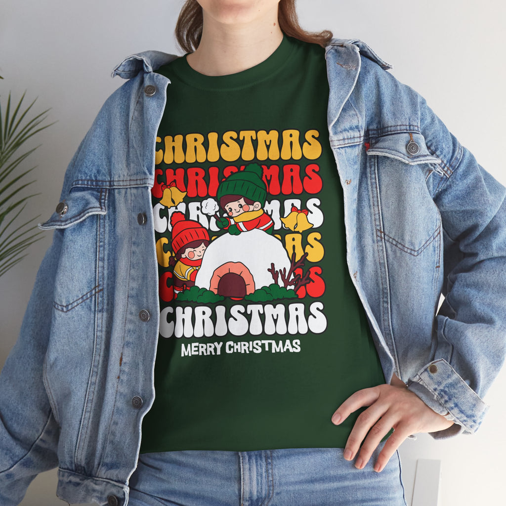 Cute Christmas Shirt, Retro Merry Christmas Graphic Tee, Kids Playing in Snow T-Shirt, Cozy Holiday Gift