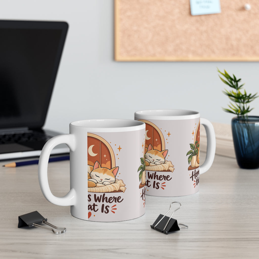 Cat Lover Mug, Home Is Where the Cat Is Coffee Cup, Cute Sleeping Cat Gift for Cat Mom