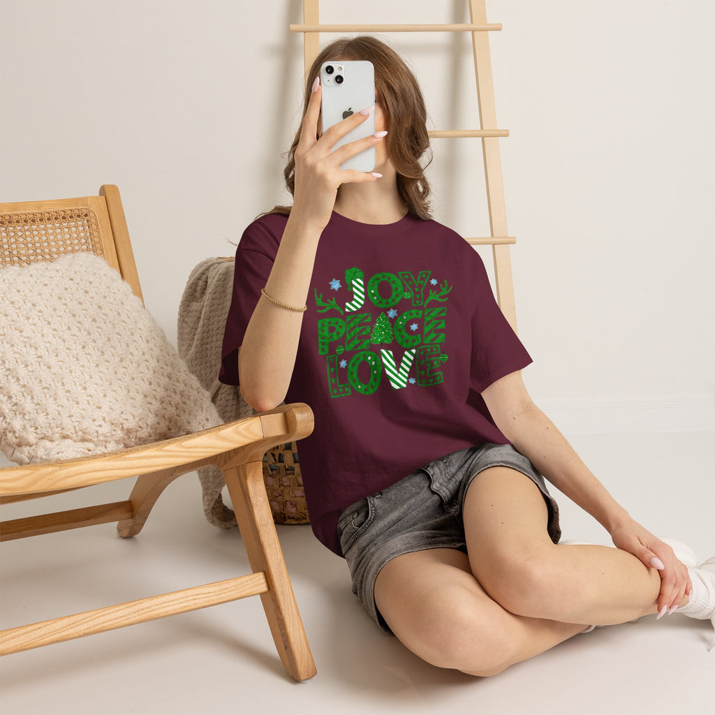Joy Peace Love Christmas Shirt, Green Holiday Graphic Tee, Festive Christmas Typography T-Shirt, Positive Holiday Gift