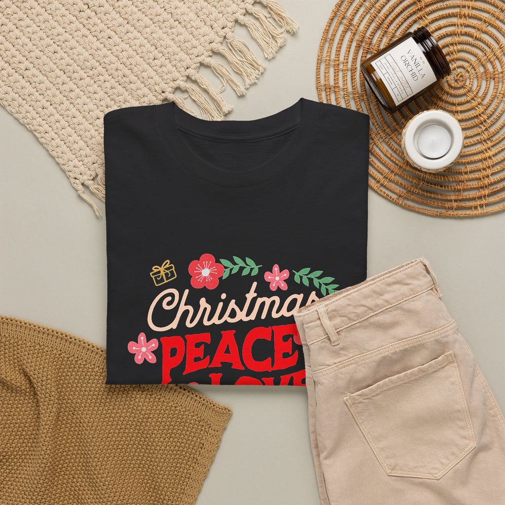 Christmas Peace & Love Holiday T-Shirt — Festive Floral Christmas Graphic Tee