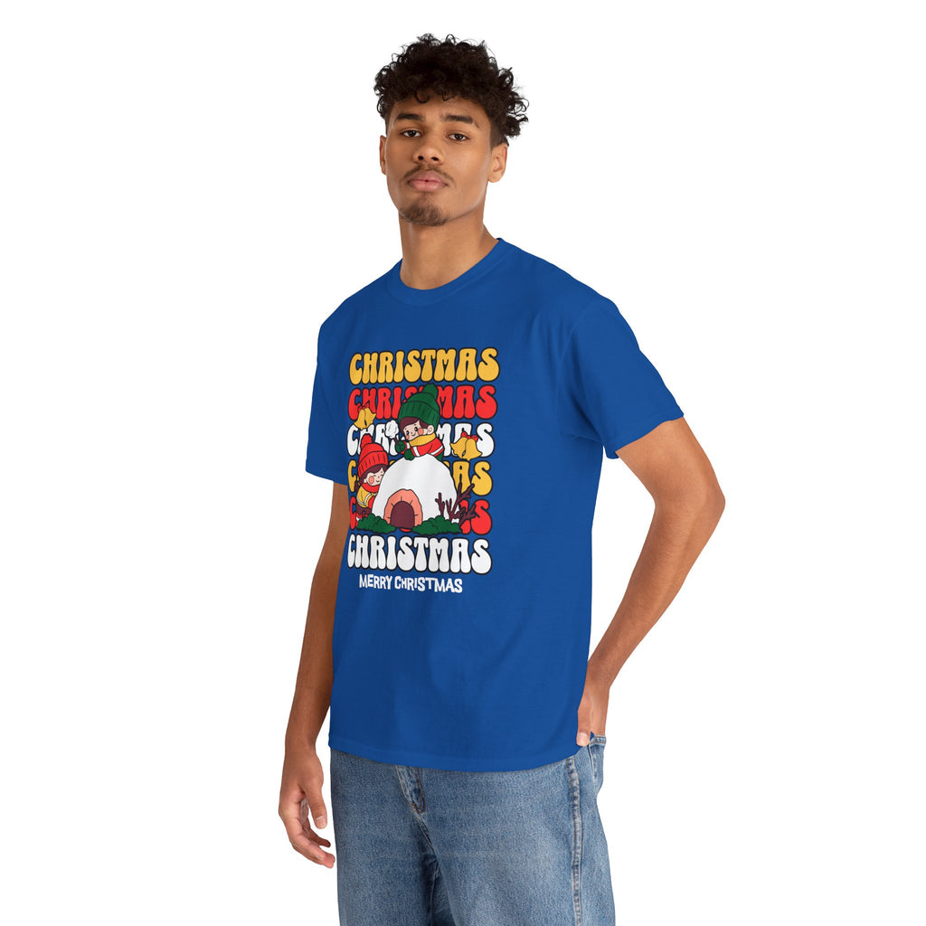 Cute Christmas Shirt, Retro Merry Christmas Graphic Tee, Kids Playing in Snow T-Shirt, Cozy Holiday Gift