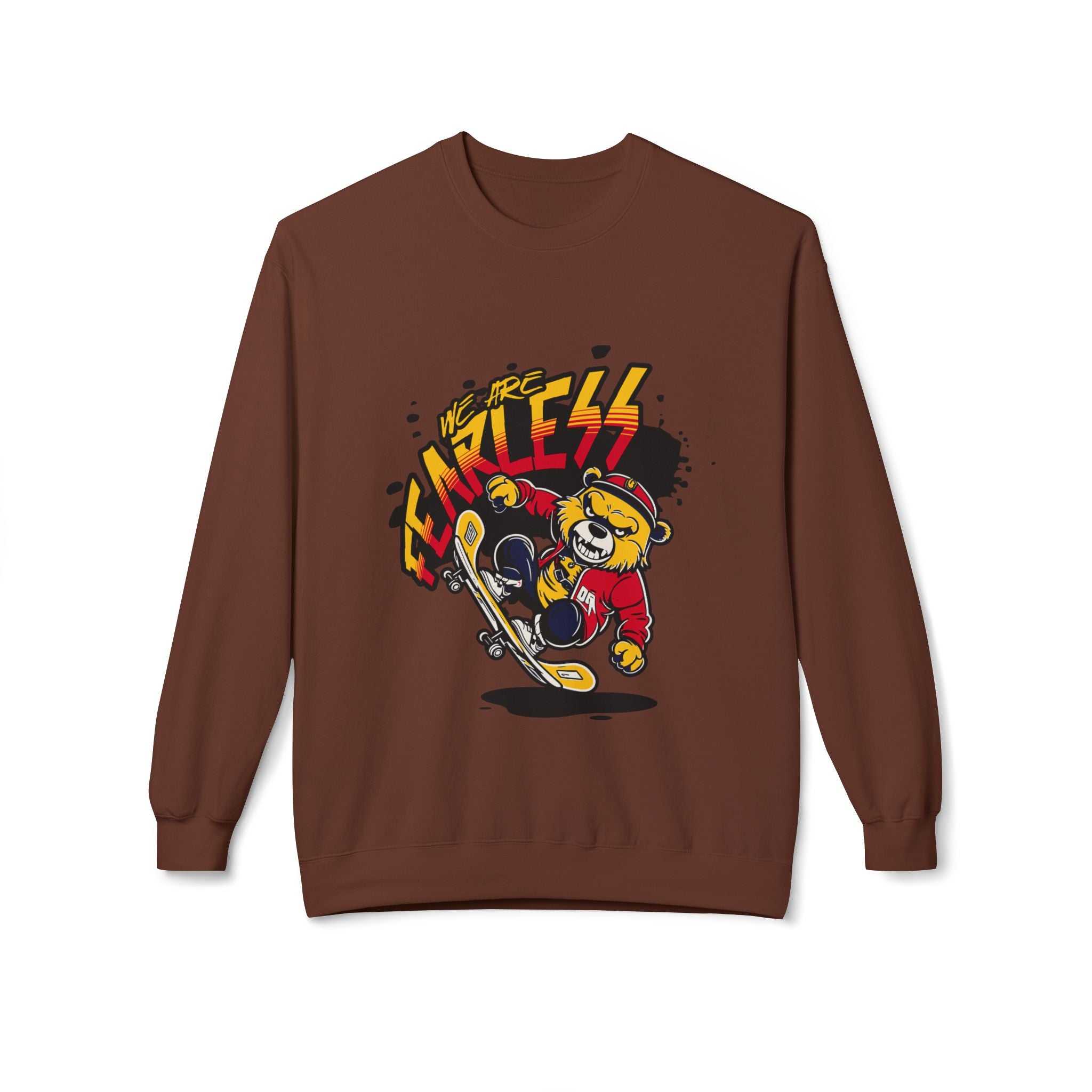 Fearless Skateboard Bear Crewneck Sweatshirt, Cozy Streetwear, Gifts for Skaters, Unisex Fall Fashion, Edgy Graphic Sweatshirt
