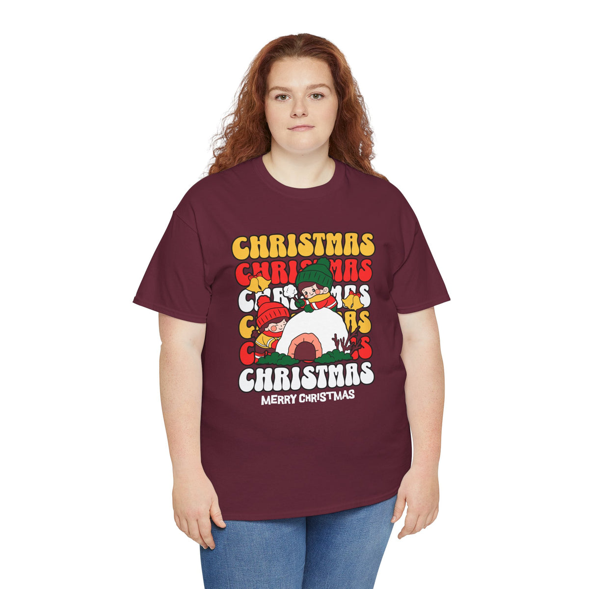 Cute Christmas Shirt, Retro Merry Christmas Graphic Tee, Kids Playing in Snow T-Shirt, Cozy Holiday Gift