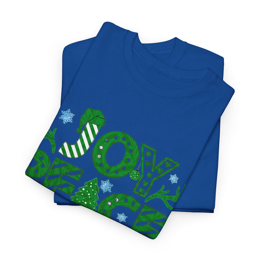 Joy Peace Love Christmas Shirt, Green Holiday Graphic Tee, Festive Christmas Typography T-Shirt, Positive Holiday Gift