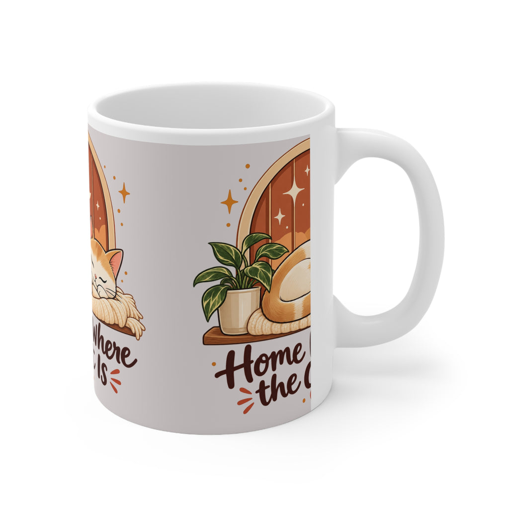 Cat Lover Mug, Home Is Where the Cat Is Coffee Cup, Cute Sleeping Cat Gift for Cat Mom
