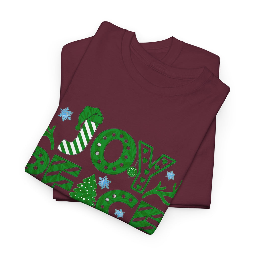 Joy Peace Love Christmas Shirt, Green Holiday Graphic Tee, Festive Christmas Typography T-Shirt, Positive Holiday Gift