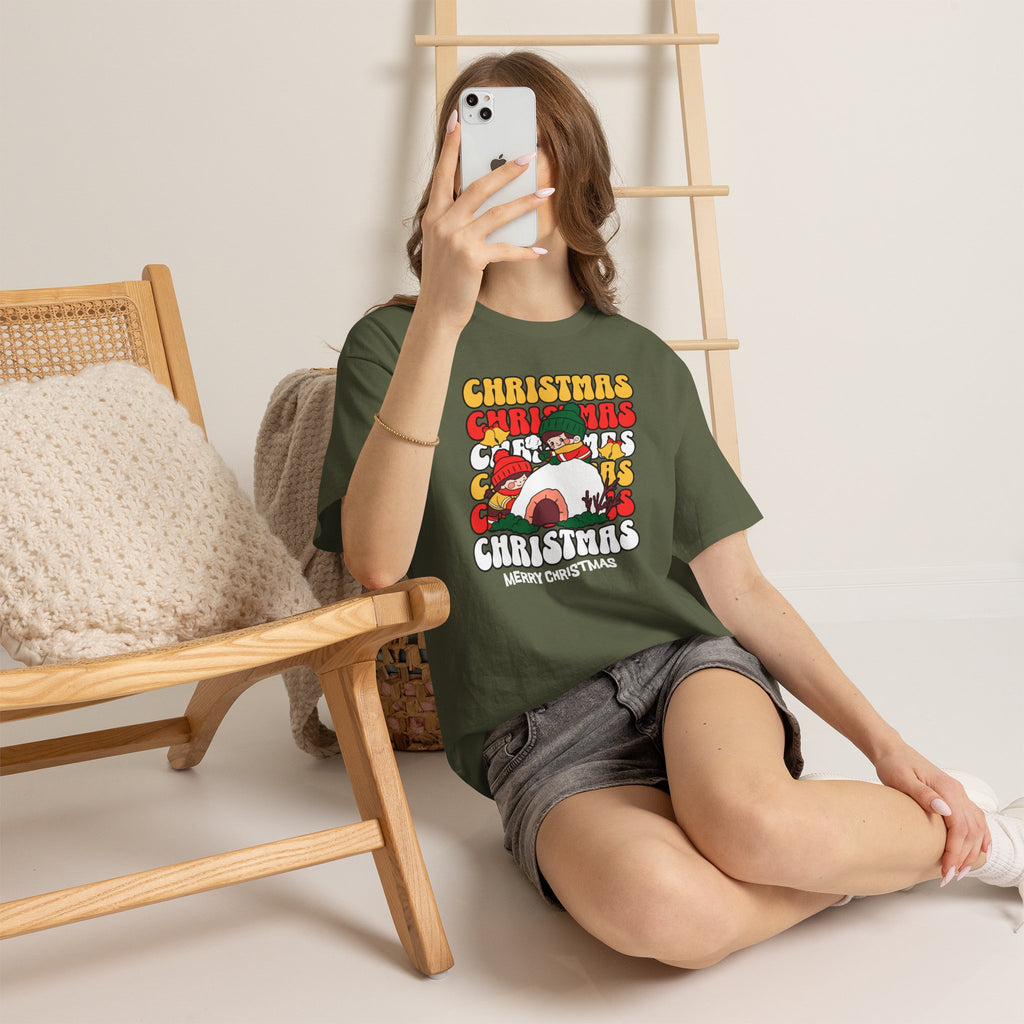 Cute Christmas Shirt, Retro Merry Christmas Graphic Tee, Kids Playing in Snow T-Shirt, Cozy Holiday Gift