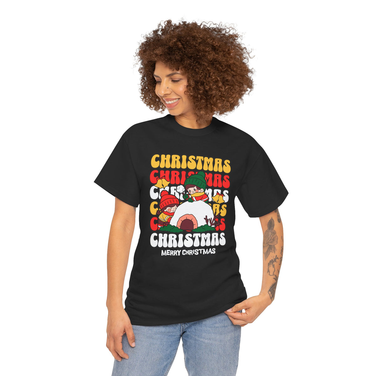 Cute Christmas Shirt, Retro Merry Christmas Graphic Tee, Kids Playing in Snow T-Shirt, Cozy Holiday Gift