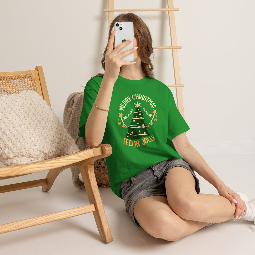 Feelin Jolly Christmas Shirt, Retro Christmas Tree Tee, Merry Christmas Graphic T-Shirt, Vintage Holiday Gift